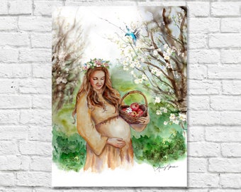 May include: A pregnant woman wearing a floral crown stands in a field with a basket of red apples. She is surrounded by blooming trees and a blue bird flies overhead.