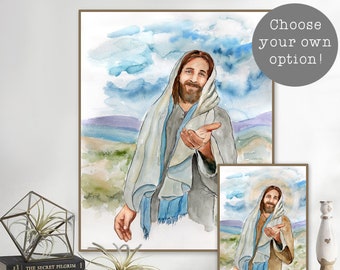 Jesus Christ- Come Unto Me Watercolor Painting, Savior Smiling with Hand Extended, Easter or Baptism Gift, Wall Art  Portrait Illustration