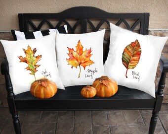 Watercolor Fall Leaves Set of 3 Maple Oak Birch Autumn Decorations Botanical Nature Art Prints or Pillow Covers Wall Decor