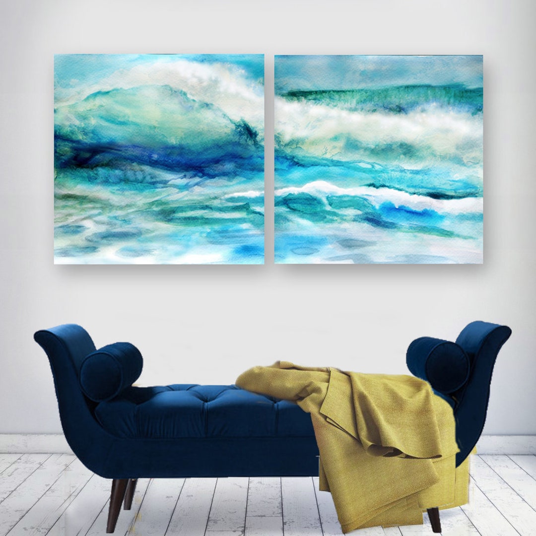 Watercolor Beach Wall Art of Ocean Waves Done in Blues, Teals and