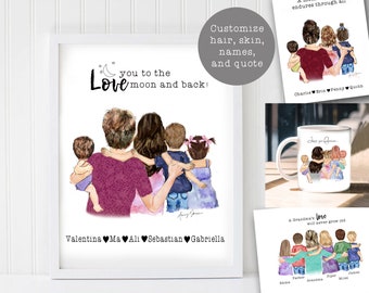 Mom Hugging children, Little Girls Boys Baby Pets Hugging Mom/Grandma Granddaughter/Son Dog Cat Custom Gift Watercolor, Custom Gift for Mom