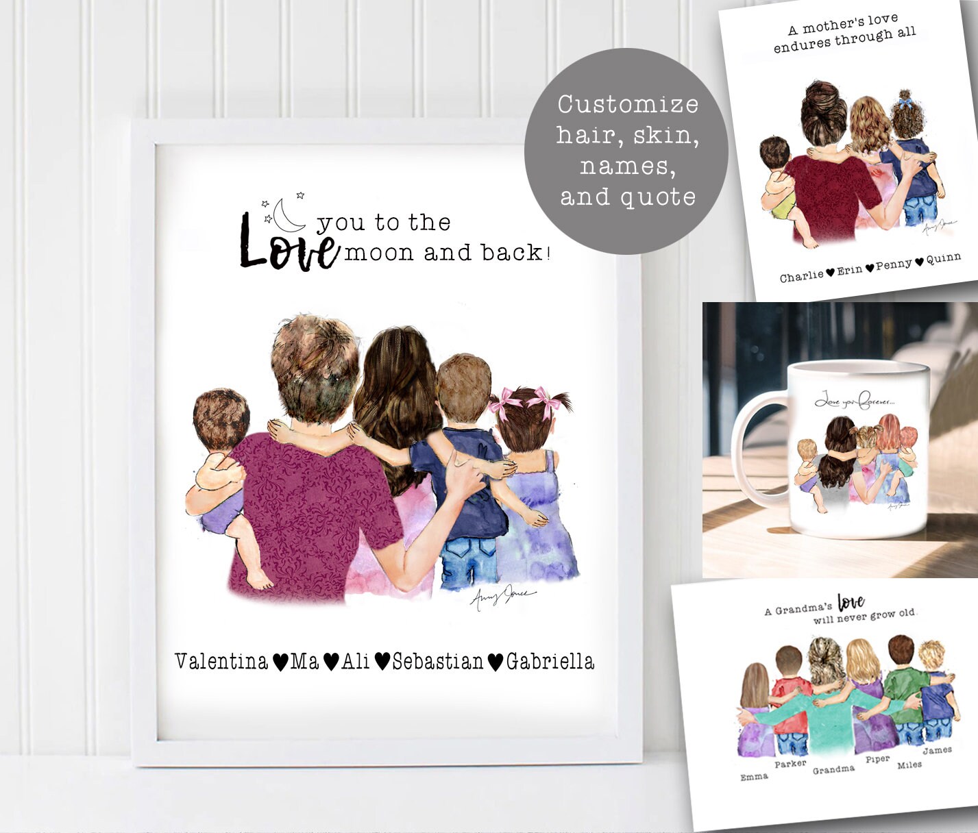 Mom Hugging children, Little Girls Boys Baby Pets Hugging Mom/Grandma Granddaughter/Son Dog Cat Custom Gift Watercolor, Custom Gift for Mom