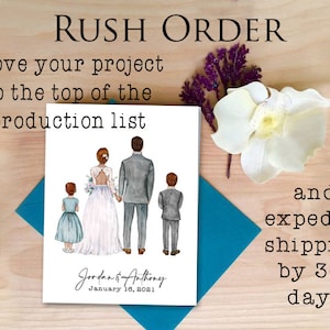 May include: A white card with a watercolour illustration of a family of four. The parents are dressed in wedding attire, and the two children are dressed in matching blue outfits. The card has the text "RUSH ORDER" at the top and "Jordan & Anthony January 16, 2021" at the bottom.