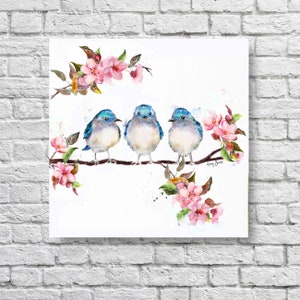 Oiseaux bleus avec fleurs de cerisier rose de printemps Aquarelle, toile ou oreiller image 4