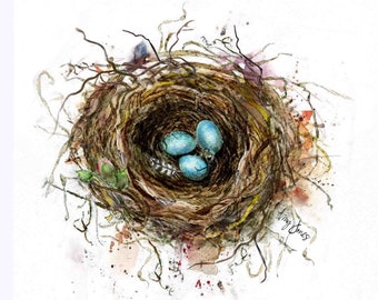 Watercolor Nest with Blue Robin&#39;s Eggs and Feather Spring Art Decor Digital Download