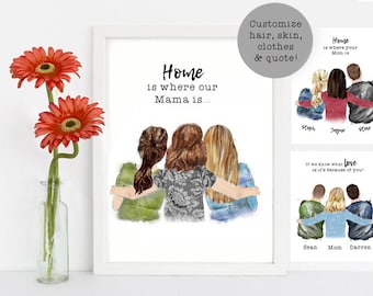 Mother&#39;s Hug-Mom/Daughters/Sons, Sisters/Brothers, Grandma/Grandchildren Custom Gift Watercolor Art Illustration Drawing Personalize Feature