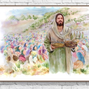 Jesus Feeds 5000 Watercolor Art Print: Miracle of Loaves and Fishes