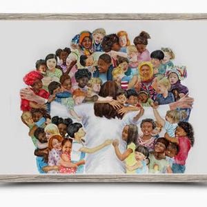 Encircled in His Arms, Jesus Hugs Children from Around the World, Black Jesus, Ethnic Nationalities, Christian Art Print