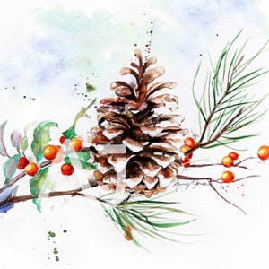 Winter Pinecone on Evergreen branch with red berries, watercolor winter decor wall art Christmas decoration pine tree botanical nature art
