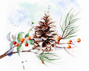 Winter Pinecone on Evergreen branch with red berries, watercolor winter decor wall art Christmas decoration pine tree botanical nature art