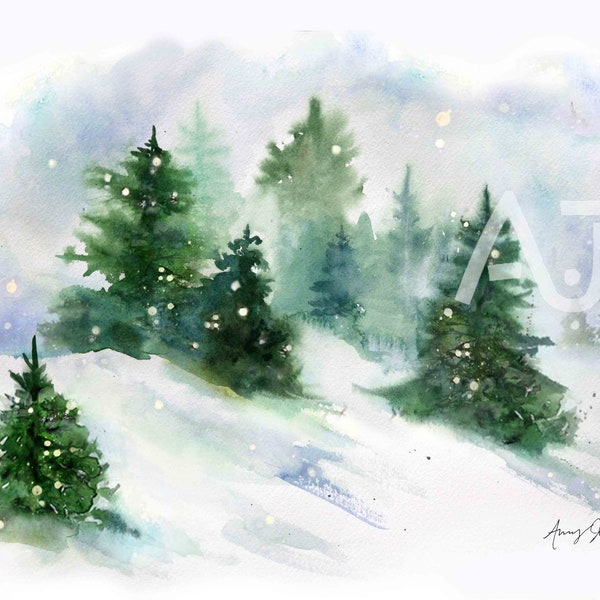 Watercolor Winter Evergreen Trees, Falling Snow, Winter Snow Storm, Winter Sky, Wall art, Winter Painting, Mountain Decor