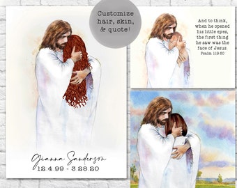Christ's Embrace- Jesus hugging man/woman/child/baby/twins, Custom Memorial Grief Bereavement Gift Printable Funeral Baptism Program Cover