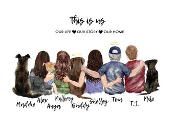 Custom Family Watercolor Portrait with Pet: Personalized Art Gift