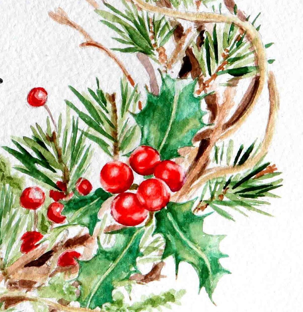 水彩画のクリスマスリースプリント：ヒイラギの実とツタ、喜び - Etsy 日本