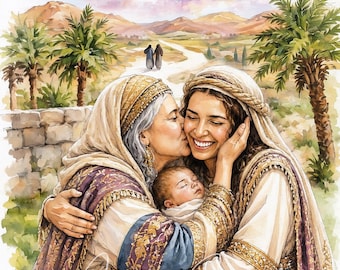 Ruth and Naomi, Women in the Bible, Bible Illustration, Bible Stories Artwork, Christian Art Print, Religious Art, Watercolor Painting