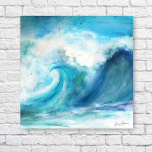May include: A watercolor painting of a large blue wave crashing against a white background. The wave is painted in shades of blue and green, with white highlights. The background is a light blue, with white clouds.