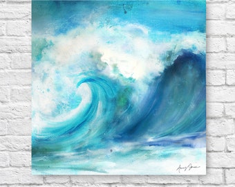 The Wave in acrylic and watercolor, Ocean Painting, Coastal Art, Original Large Wall Art on canvas, Seascape in Blue Teal turquoise