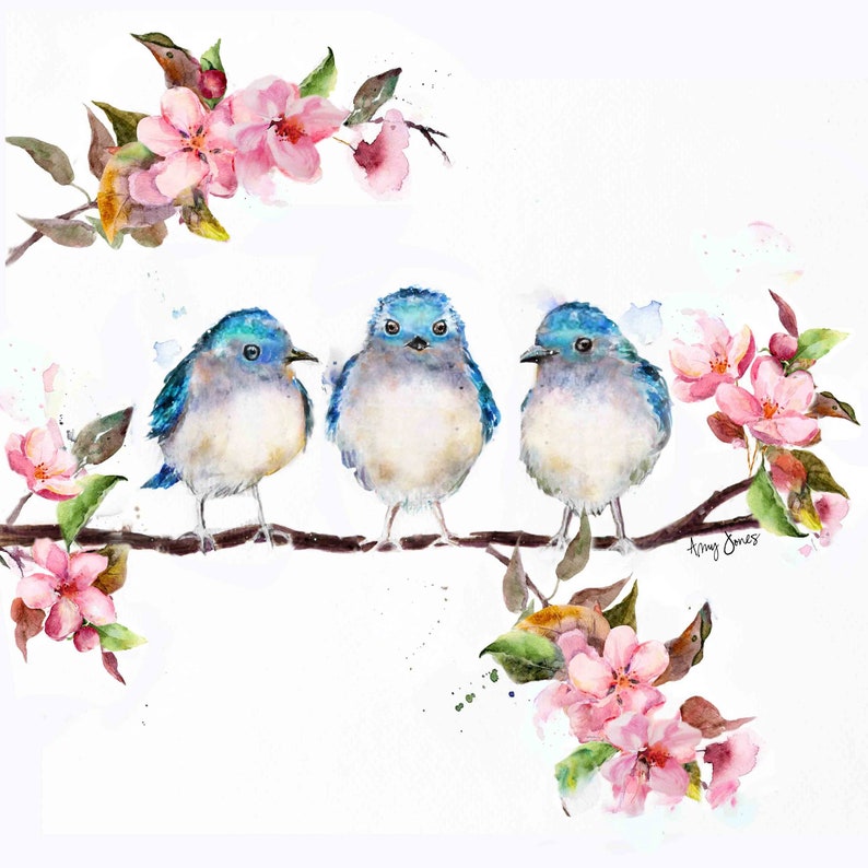 Oiseaux bleus avec fleurs de cerisier rose de printemps Aquarelle, toile ou oreiller image 1
