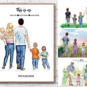 Familia/Abuelos- Caminando con niños/nietos Arte de acuarela personalizado Ilustración de dibujo personalizado Elija fondos regalo