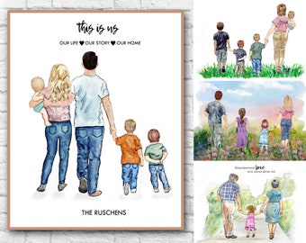 Family/Grandparents- Walking with Children/Grandkids Custom Watercolor Artwork Personalized Drawing Illustration Choose Backgrounds Gift