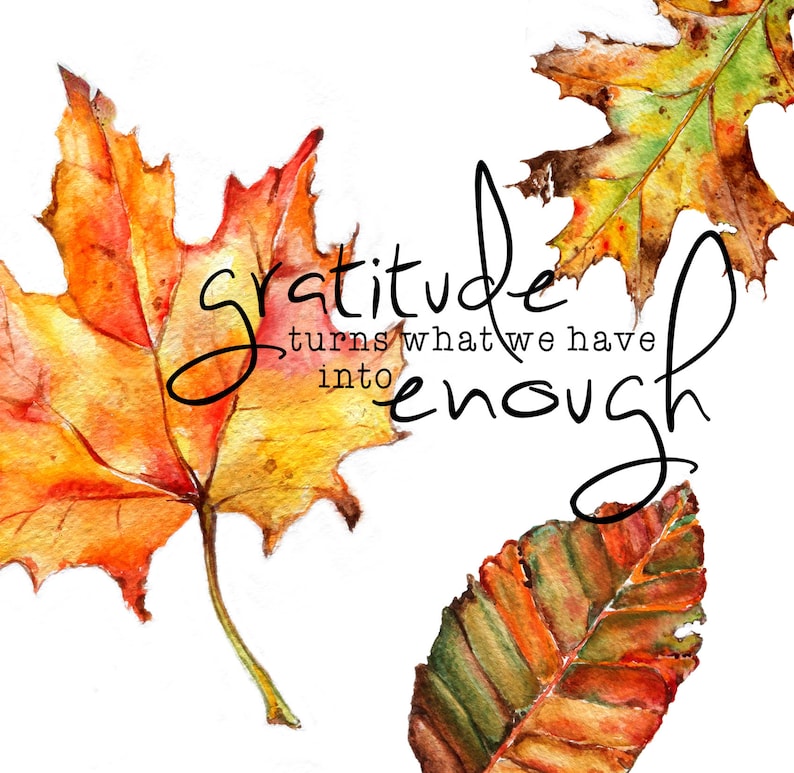 May include: Watercolor painting of autumn leaves with the quote "Gratitude turns what we have into enough".
