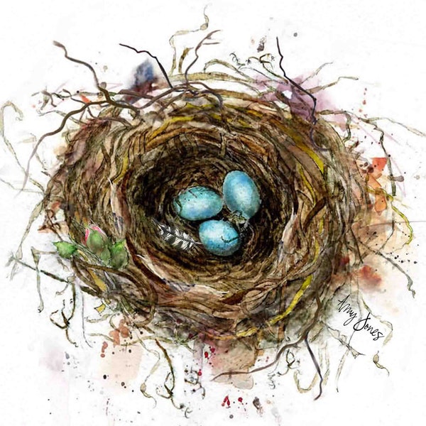 Nest with Blue Robin's Eggs and Feather- Watercolor Art Painting for Spring or Easter Decorations comes as a Print or Pillow Cover