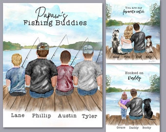 Custom Fishing Illustration Family/Couple/Friends Sitting on Dock Lake Father&#39;s Day Personalized Gift Watercolor Digital Download/Art Print