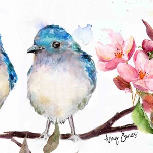 Oiseaux bleus avec fleurs de cerisier rose de printemps Aquarelle, toile ou oreiller image 2