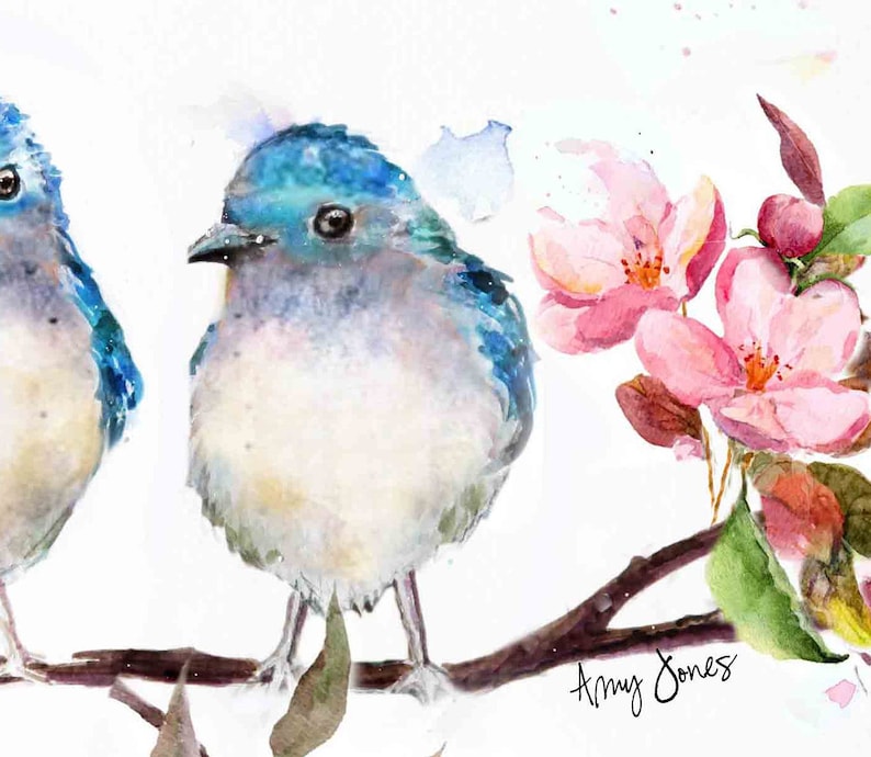 Oiseaux bleus avec fleurs de cerisier rose de printemps Aquarelle, toile ou oreiller image 2