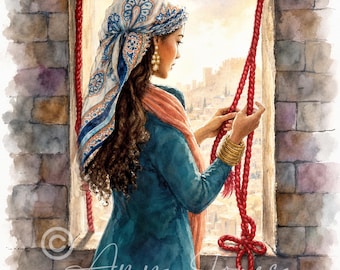 Rahab painting, Christian Art Print, Rahab at window, Bible Stories Art, Saved by her faith, Watercolor Portrait, Women of the Bible