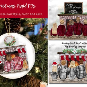 Personalizzato Famiglia Natale Plaid PJ Acquerello Ritratto Illustrazione Seduto accanto al camino Pigiama vista posteriore per coppie / nipoti / animali domestici