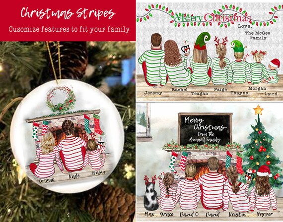 Personalized Family In Christmas Stripped Pjs By Fireplace Back.