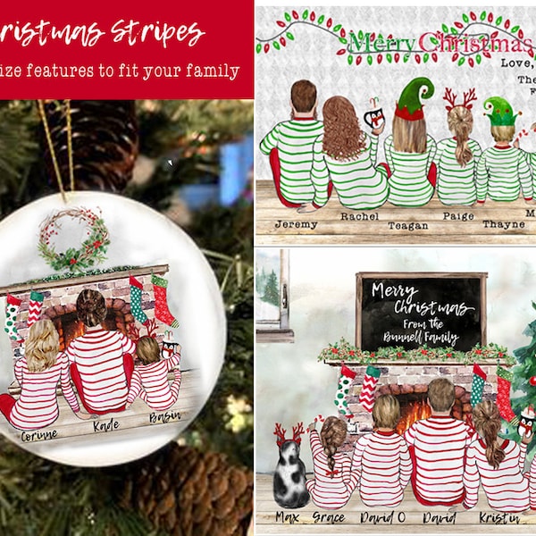 Personalized Family in Christmas Stripped PJs by fireplace Back view Pajamas for Couples/Grandkids/Pets Watercolor Portrait Digital Download