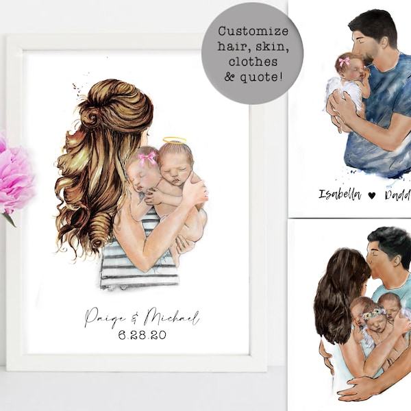 Mother Newborn Baby Watercolor Drawing Mom/Dad Baby/Twins/Triplets Angel Wings Customized Gift for Deceased Miscarriage Rainbow Illustration