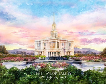 Payson, Utah LDS Temple Art, aquarelle personnalisée avec nom de famille et date du mariage, cadeau parfait pour un mariage ou un anniversaire