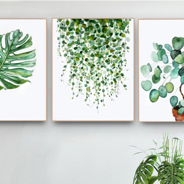 Plantenprintset: Minimalistische aquarel muurdecoratie met groen (digitale download)