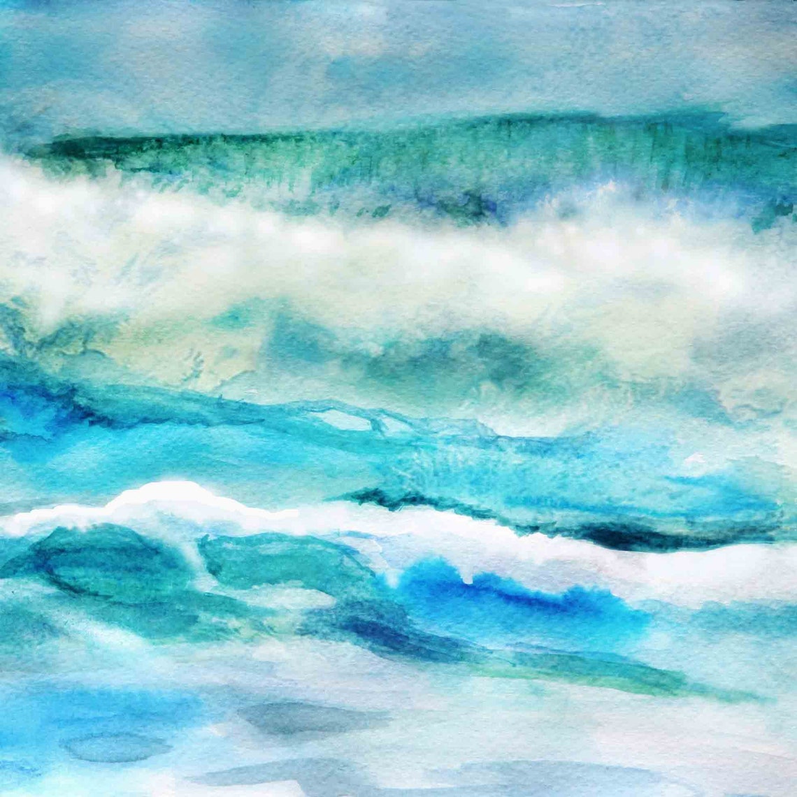 Watercolor Beach Wall Art of Ocean Waves Done in Blues Teals Etsy