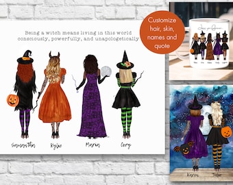 Custom Witch Illustration for Best Friends/Sisters/Pets Halloween Art Print Gift Mug Personalize name, skin, hair & quote Add a Dog or Cat
