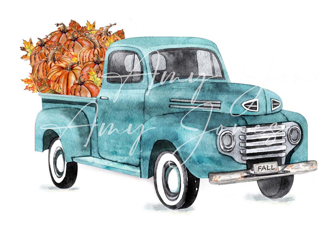 Blue Truck With Pumpkins, Autumn Leaves, Fall, Watercolor Hand Painted