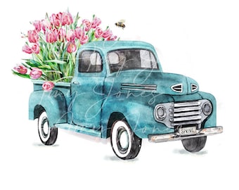 camion vintage avec tulipes png, Aquarelle bleu camion campagne ferme sublimation conception téléchargements, images de toboggans aquatiques, fichiers clipart tumblers