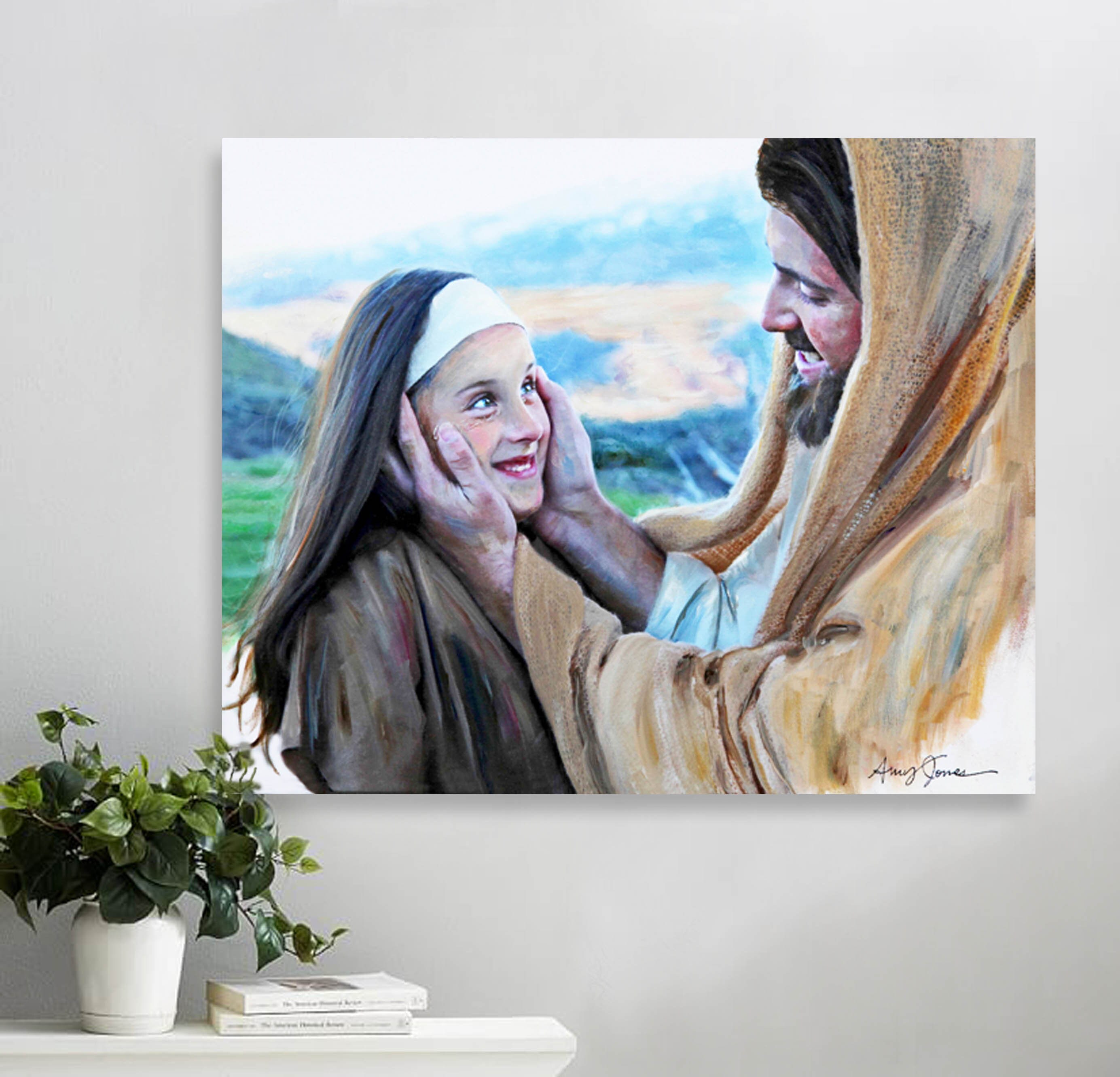 Add Own Loved One with Jesus Christ- God Shall Wipe Away All Tears Christian Art Personalized LDS Custom Deceased Bereavement/Baptism Gift