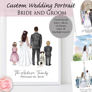 Custom Wedding Illustration Family Couple Portrait Valentine Anniversary Gift Personalize Bride Groom Watercolor Dress Military Temple