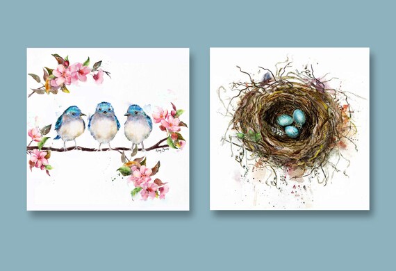 Blue Birds with Pink Spring Cherry Blossoms- Watercolor print