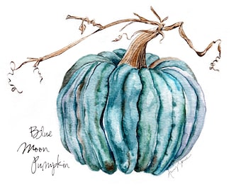 Watercolor Blue Moon Pumpkin, Fall decor and gifts pillow cover original Autumn botanical wall art
