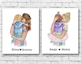 Mère dans ses bras, petite fille/garçon, maman/fille/fils, grande soeur, grand-mère, cadeau personnalisé pour la fête des mères, aquarelle, illustration personnalisée