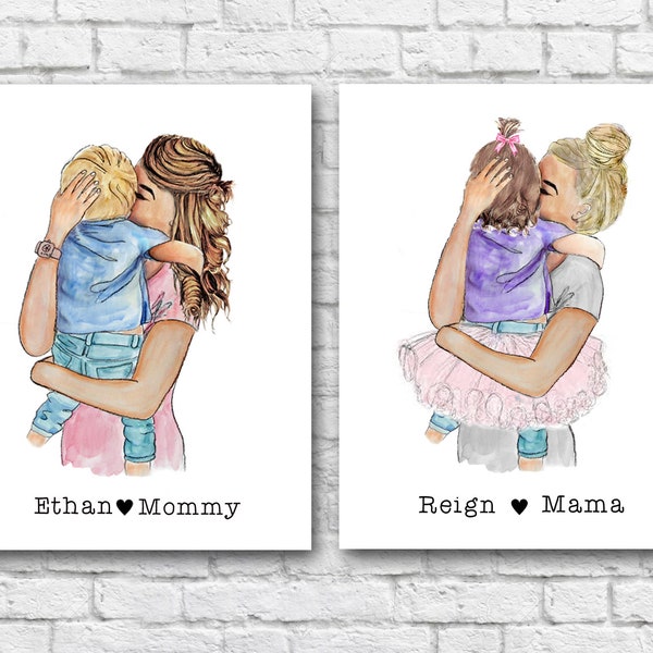 Mother Hugging Toddler Little Girl/Boy Mom/Daughter/Son Big Sister Grandma Custom Mothers Day Gift Watercolor Art Personalized Illustration