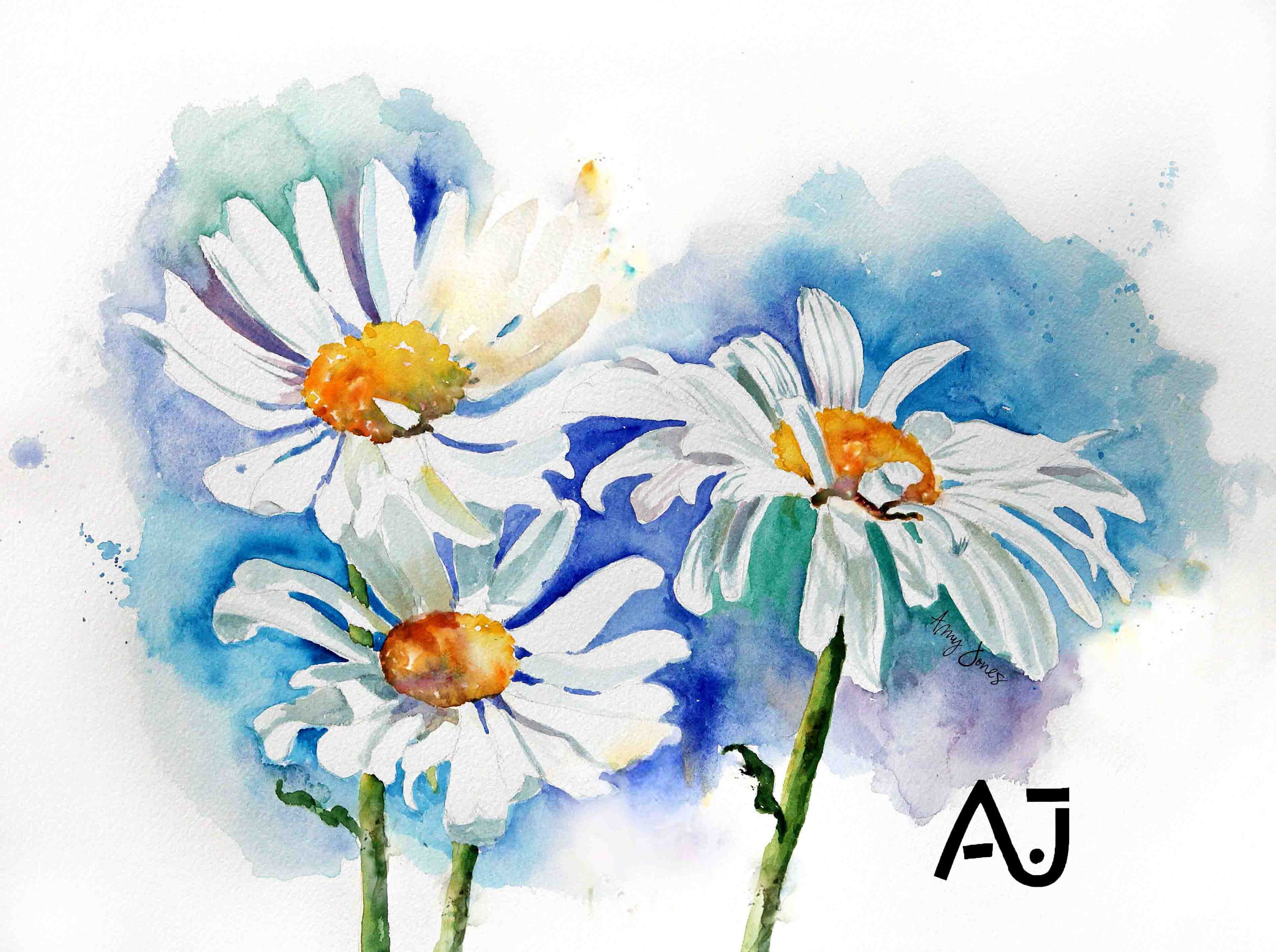 デイジートリオ 水彩画 夏の花 - Etsy 日本