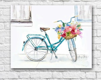 Vintage Bike w/ Flower Basket & Windows in Blue, Pink, Green, Yellow, Red, Purple Watercolor Pillow Unique Gift Spring/Summer Wall Art Decor