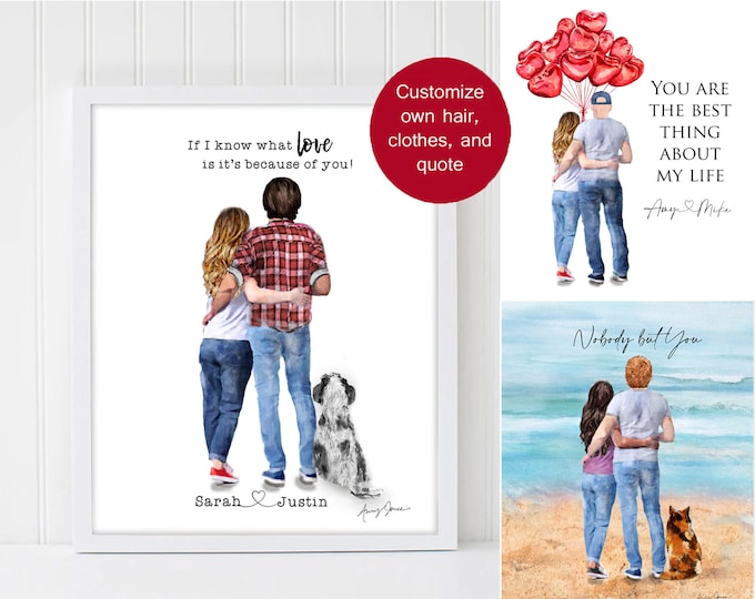 Personalized Couple portrait with pets, Valentines day gift, custom anniversary gift, engagement gift for couple, Watercolor Print