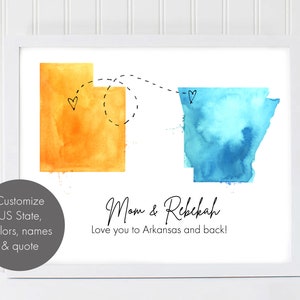 Benutzerdefinierter Umzug Druck, Geschenk zum Weggehen, Aquarell Staaten oder Länder, Geschenk für den besten Freund, Zwei Zustandskarte, Fernbeziehung